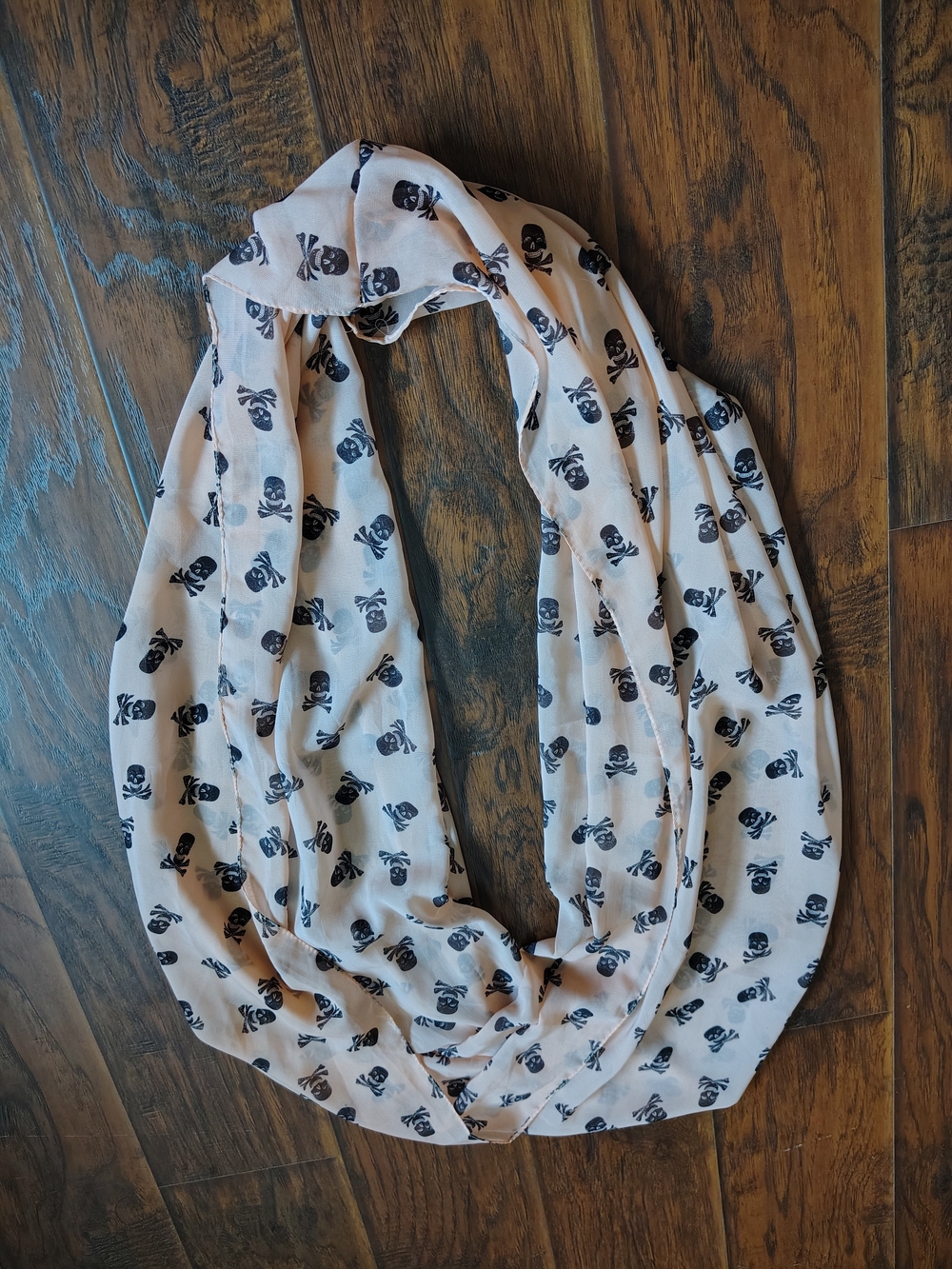 Light Pink Infinity Scarf with Black Skull Print